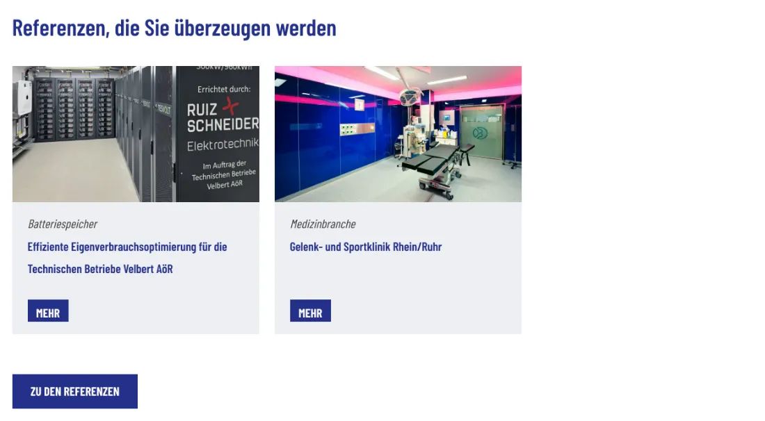 Ausschnitt der Website von Ruiz & Schneider Elektrotechnik Recklinghausen GmbH, Recklinghausen: Zwei konkrete Projekte mit Auftraggeber und Branche, jeweils mit Mehr-Link — so wird Erfahrung belegbar und weiter recherchierbar.