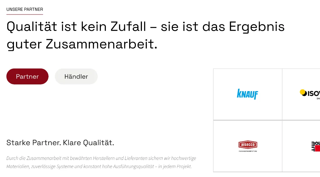 Ausschnitt der Website von Sapina Bau, München: Zwei Schalter 'Partner' und 'Händler' trennen die Listen — wer Lieferanten sucht, filtert ohne Scrollen zum Ziel.