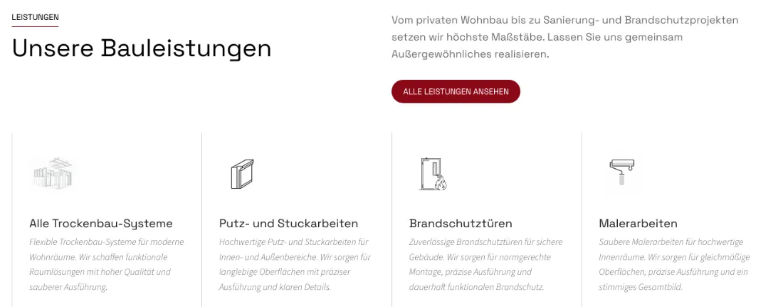 Ausschnitt der Website von Sapina Bau, München: Vier Leistungskacheln mit Icons und Kurztext — der Besucher erfasst Trockenbau, Putz, Brandschutz und Malerarbeiten auf einen Blick.
