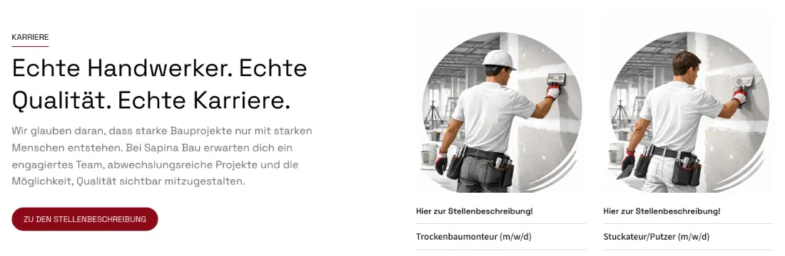 Ausschnitt der Website von Sapina Bau, München: Zwei konkrete Jobkacheln mit Link zur Beschreibung — wer sich bewerben will, sieht sofort, ob Trockenbau oder Stuck passt.