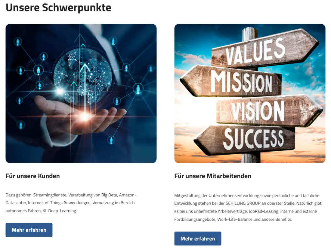 Ausschnitt der Website von SCHILLING GROUP, Rhein-Sieg-Kreis: Zwei Kacheln trennen Kunden- und Karriereinhalte — wer sucht, findet sofort den richtigen Einstieg statt zu rätseln.