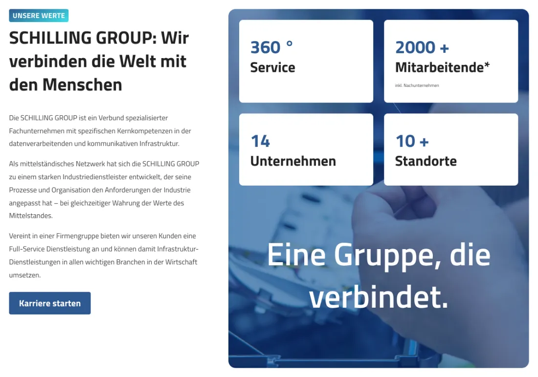 Ausschnitt der Website von SCHILLING GROUP, Rhein-Sieg-Kreis: Vier Kennzahlen auf einen Blick — 360° Service, 2000+ Mitarbeitende, 14 Unternehmen, 10+ Standorte liefern schnelle Einordnung.