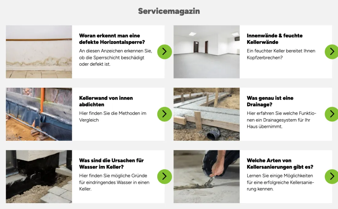 Ausschnitt der Website von SchimmelPeter GmbH, Oberbergischer Kreis: Sechs Kacheln mit typischen Kellerfragen — wer sucht, erkennt schnell das passende Thema und gelangt mit einem Klick weiter.