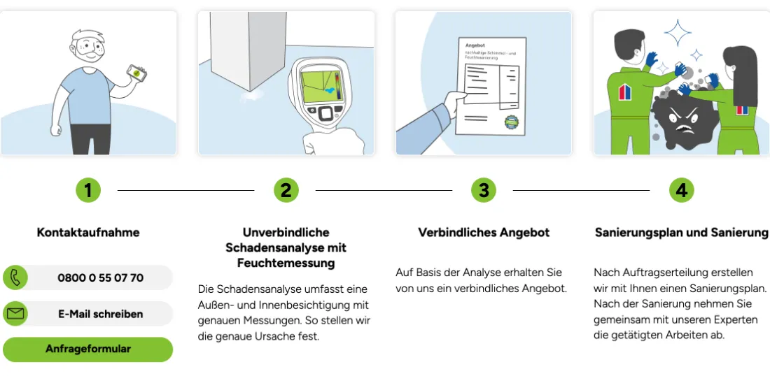 Ausschnitt der Website von SchimmelPeter GmbH, Oberbergischer Kreis: Vier Schritte mit 0800-Nummer und Formular — der Besucher kennt den Ablauf und hat sofort drei Wege zur Kontaktaufnahme.