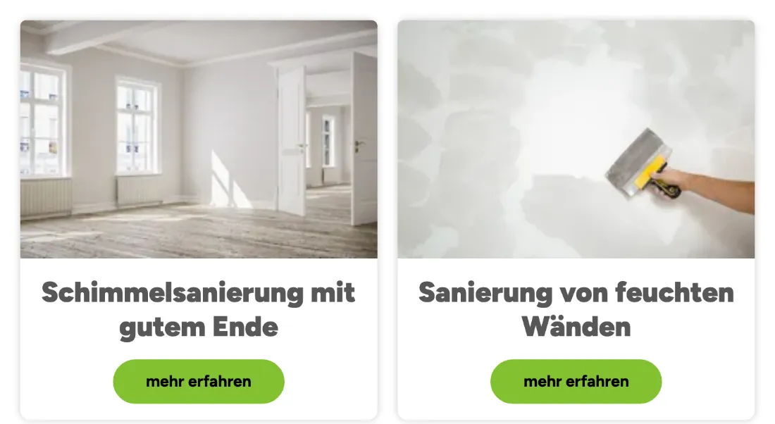 Ausschnitt der Website von SchimmelPeter GmbH, Oberbergischer Kreis: Zwei Leistungs-Kacheln mit gleichem Button 'mehr erfahren' — Auswahl und nächster Schritt sind ohne Rätsel klar.