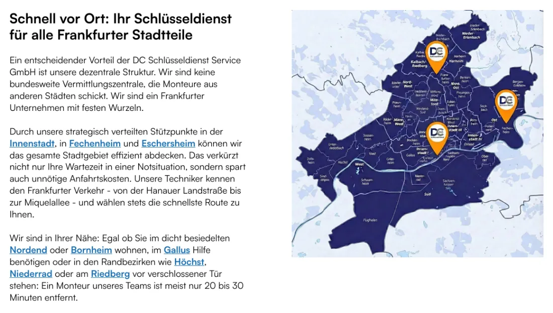 Ausschnitt der Website von DC Schlüsseldienst Service GmbH, Frankfurt am Main: Karte mit drei Stützpunkten und der Zusage „20–30 Minuten“ — wer sucht, kann Abdeckung und Wartezeit sofort einschätzen.