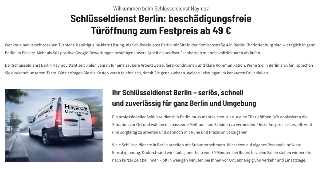 Ausschnitt der Website von Schlüsseldienst Haymov, Berlin: 49‑€‑Festpreis und 561 Google‑Bewertungen stehen vorn — der Besucher kann Kosten und Zuverlässigkeit sofort einordnen.