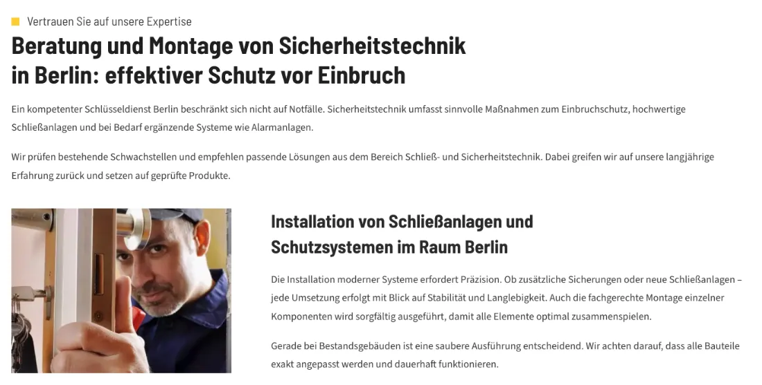 Ausschnitt der Website von Schlüsseldienst Haymov, Berlin: Abschnitt erklärt Beratung und Montage jenseits des Notfalls — wer aufrüstet, versteht Angebot zu Schließanlagen und Alarmanlagen.