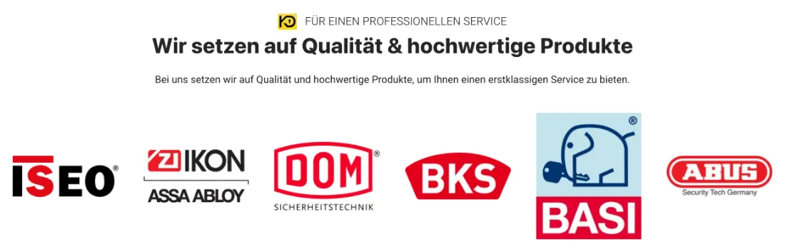 Ausschnitt der Website von Schlüsseldienst Berlin KD, Berlin: Sechs Marken nebeneinander — wer vergleicht, sieht sofort, mit welchen Systemen gearbeitet wird und findet schneller Ersatzteile.