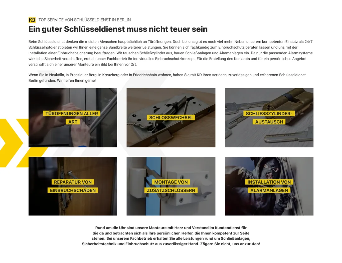 Ausschnitt der Website von Schlüsseldienst Berlin KD, Berlin: Sechs klar beschriftete Kacheln strukturieren das Angebot — der Besucher versteht die Leistungen in Sekunden.