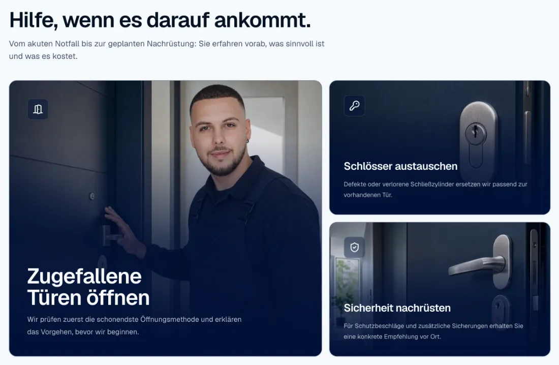 Ausschnitt der Website von Schlüsseldienst Turan, München: Drei Kacheln gliedern Notfall, Austausch und Nachrüstung — wer sucht, findet in Sekunden den passenden Einstieg.