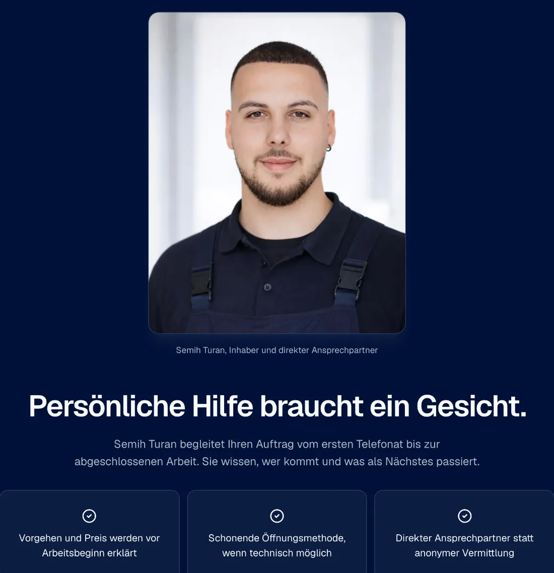 Ausschnitt der Website von Schlüsseldienst Turan, München: Porträt mit erklärendem Text und drei Zusagen — wer Hilfe sucht, weiß vorab, wer kommt, wie gearbeitet wird und was als Nächstes folgt.