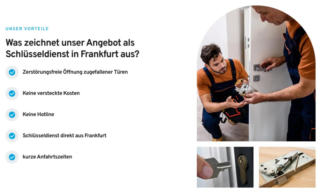 Ausschnitt der Website von Alexander Stritter, Frankfurt am Main: Checkliste mit fünf Zusagen und Häkchen — wer vergleicht, erkennt sofort Kostenklarheit, lokalen Dienst und kurze Anfahrten.