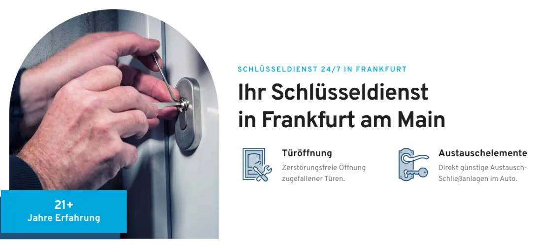 Ausschnitt der Website von Alexander Stritter, Frankfurt am Main: Zwei harte Fakten vorn: 24/7 und 21+ Jahre Erfahrung — wer Hilfe braucht, erkennt Verfügbarkeit und Routine auf einen Blick.