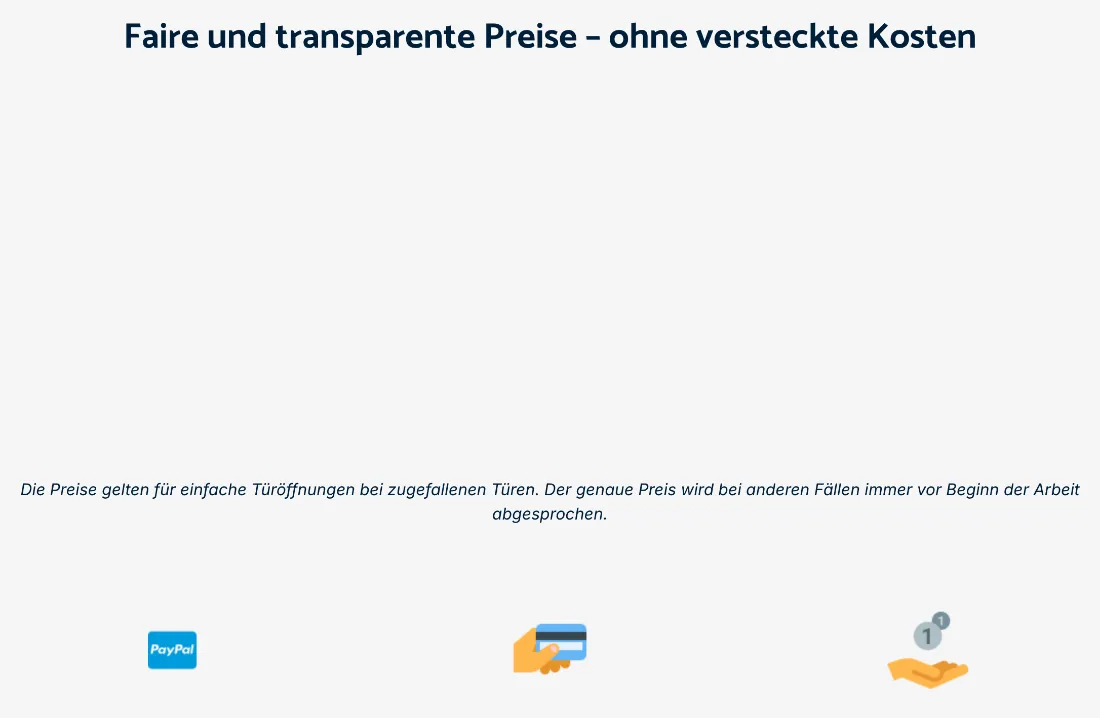 Ausschnitt der Website von Schlüsselscout24, Frankfurt am Main: Deutlicher Hinweis zur Preisgültigkeit und Vorab-Absprache — der Besucher weiß vorab, wann welche Kosten entstehen.