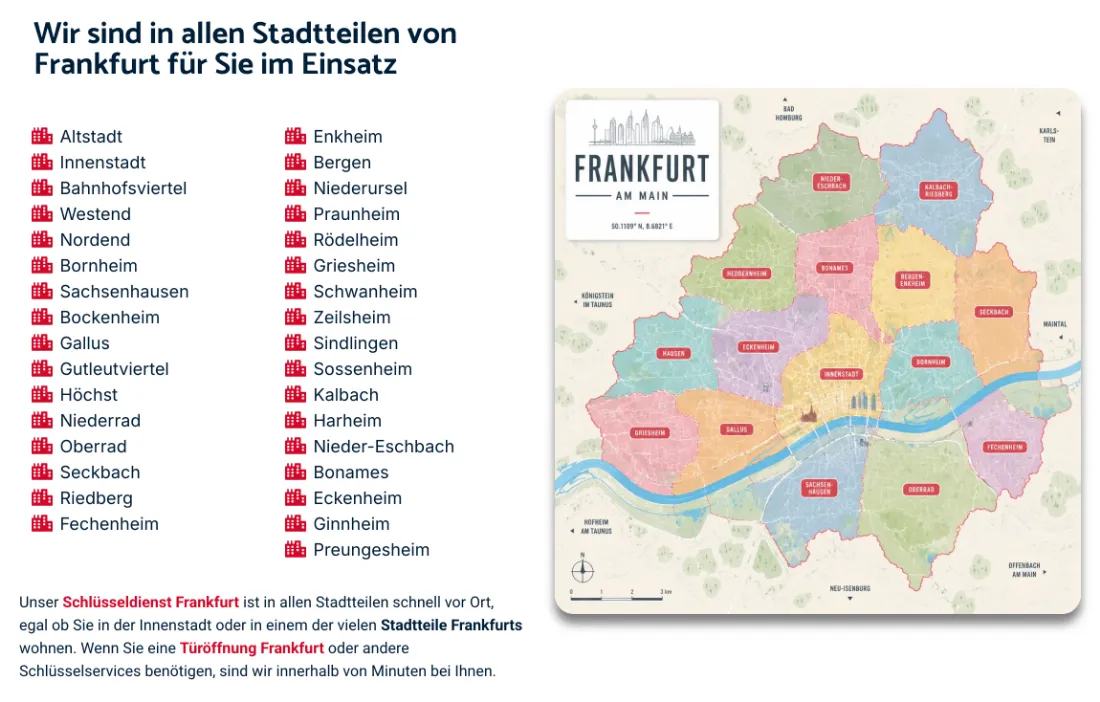 Ausschnitt der Website von Schlüsselscout24, Frankfurt am Main: Liste der Stadtteile plus Karte nebeneinander — wer sucht, prüft die Abdeckung des eigenen Viertels ohne Umwege.