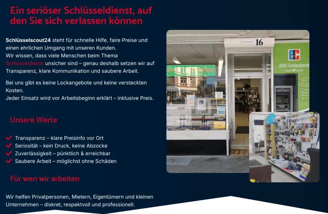 Ausschnitt der Website von Schlüsselscout24, Frankfurt am Main: Foto vom eigenen Laden mit Hausnummer 16 neben den Werten — wer sucht, sieht einen greifbaren Betrieb statt anonymer Hotline.