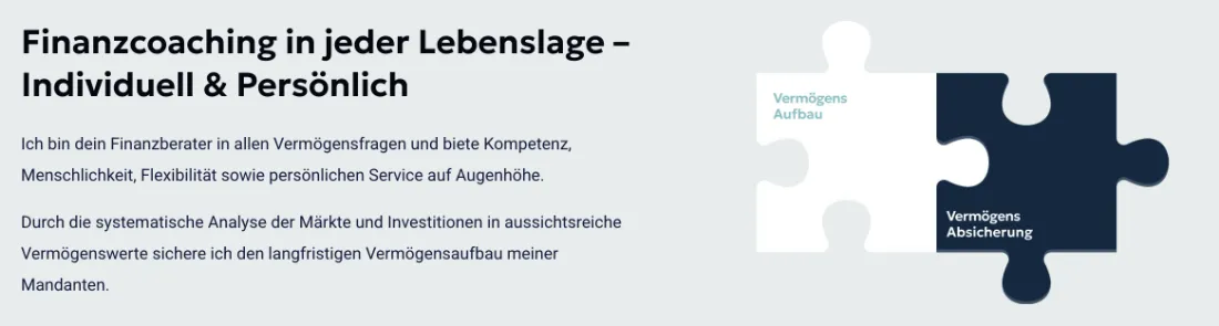 Ausschnitt der Website von Tim Schneider, Wiesbaden: Zwei klar benannte Bausteine als Puzzleteile — wer vergleicht, versteht Aufbau und Absicherung als zusammengehörige Leistungen.