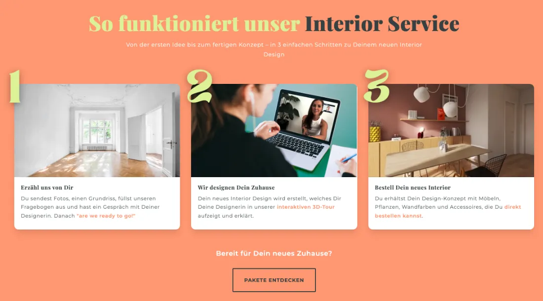 Ausschnitt der Website von Schöner-Innen, Berlin: 3 klar markierte Schritte mit Überschrift — der Besucher versteht Ablauf und nächsten Schritt ohne Nachfragen.