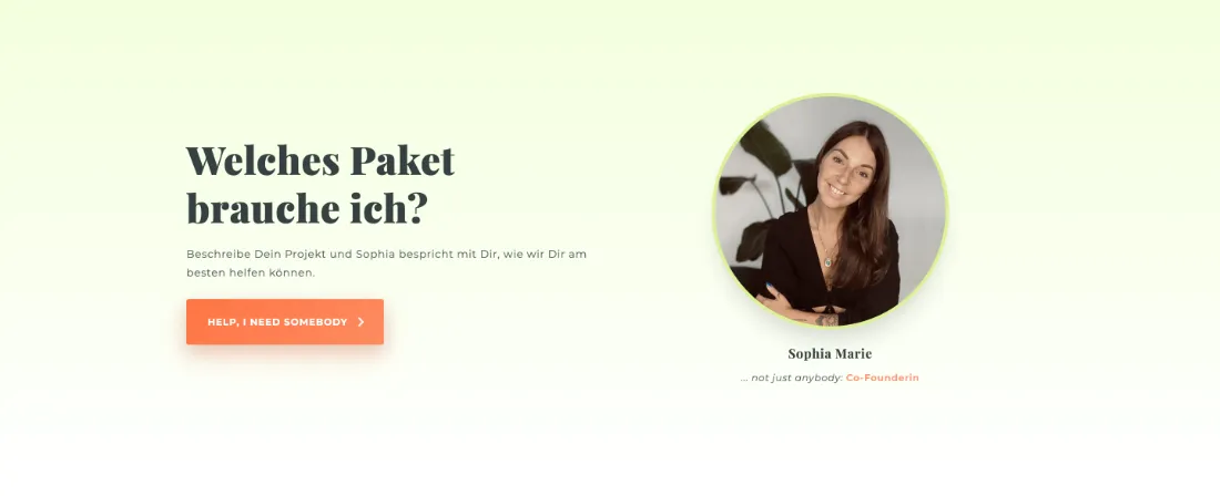 Ausschnitt der Website von Schöner-Innen, Berlin: Gesicht neben der Frage und ein klarer CTA „HELP, I NEED SOMEBODY“ — wer unsicher ist, startet Beratung mit einem Klick.