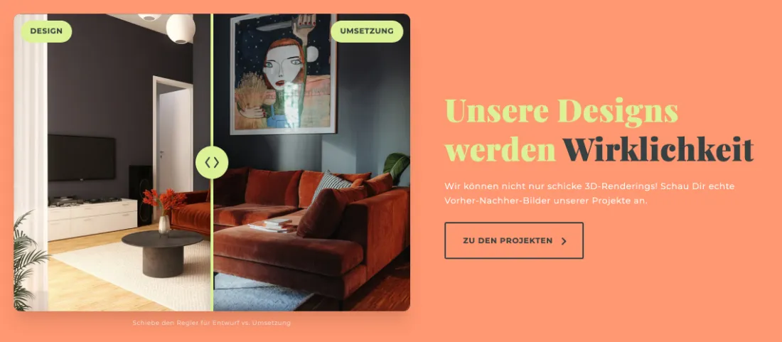 Ausschnitt der Website von Schöner-Innen, Berlin: Schieberegler zeigt „Design“ vs. „Umsetzung“ nebeneinander — der Besucher prüft Ergebnis statt nur Versprechen zu lesen.