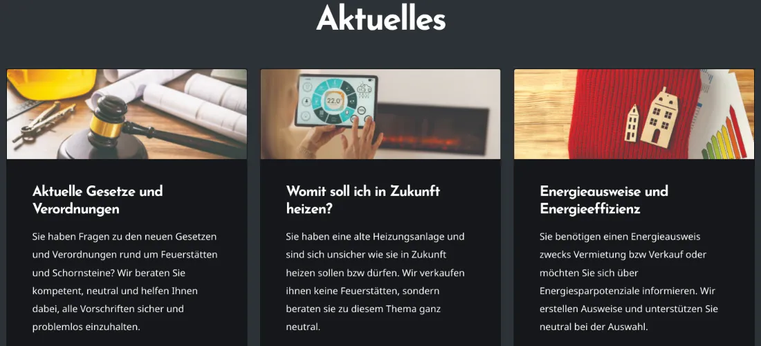 Ausschnitt der Website von Christian Scholz-Dahl, Dortmund: Drei Kacheln mit klaren Überschriften zu Gesetzen, Heizen und Energieausweisen — wer sucht, findet schnell den passenden Einstieg.