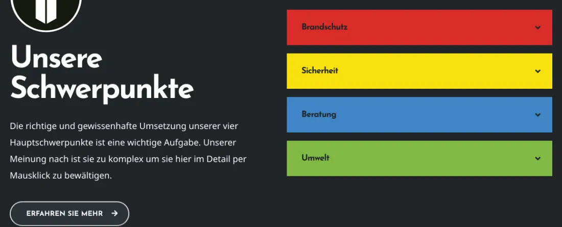 Ausschnitt der Website von Christian Scholz-Dahl, Dortmund: Vier farbig codierte Schwerpunkte — Brandschutz, Sicherheit, Beratung, Umwelt — der Besucher erfasst das Angebot in Sekunden.