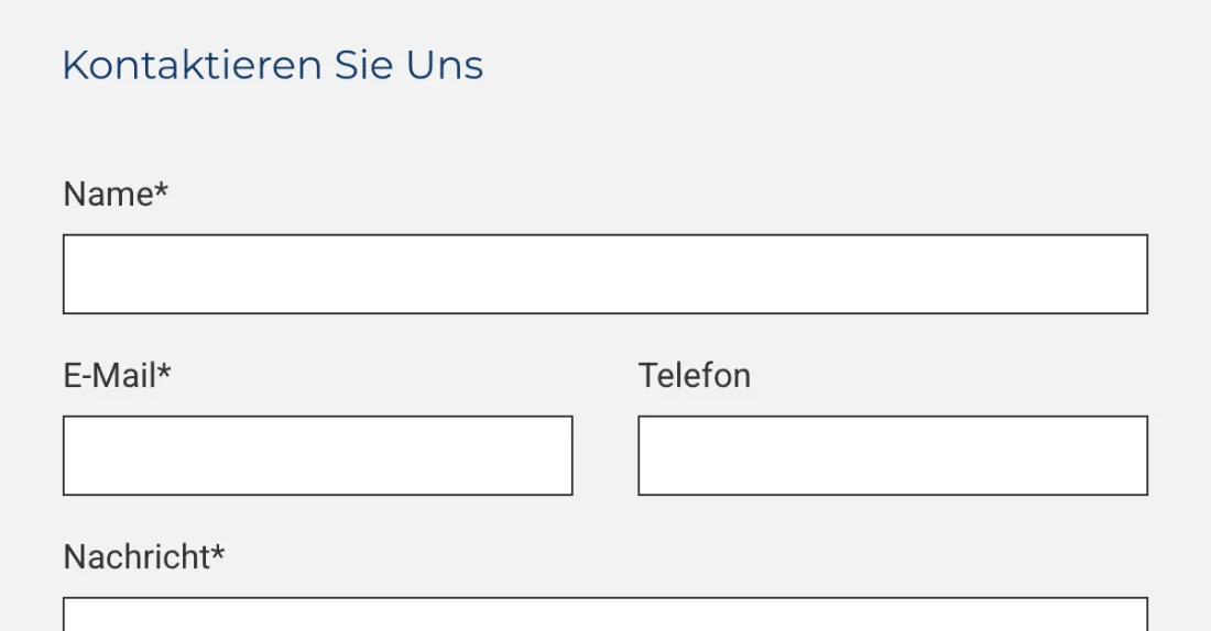 Ausschnitt der Website von Schornsteinfegermeister Philipp Ritters, Köln: Vier Felder, klar beschriftet; Sternchen markieren Pflichtangaben, Telefon ist optional — der Besucher weiß sofort, was nötig ist.