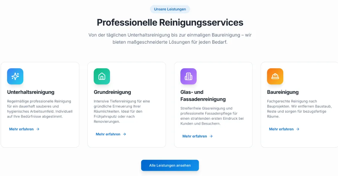Ausschnitt der Website von Schrubber Fix GmbH, Essen: Vier Kacheln mit klaren Titeln, Kurztext und 'Mehr erfahren' — wer sucht, erkennt Angebot und klickt direkt zum passenden Service.
