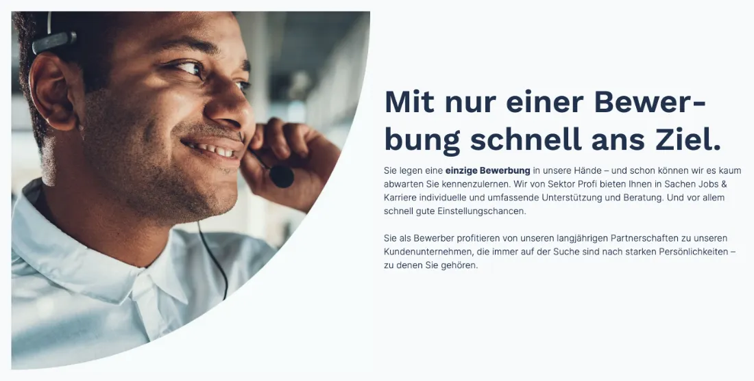 Ausschnitt der Website von Sektor Personal GmbH, Bochum: Die Headline nennt die 1 zentrale Hürde: eine Bewerbung reicht — das spart Schritte und erklärt den Prozess sofort.
