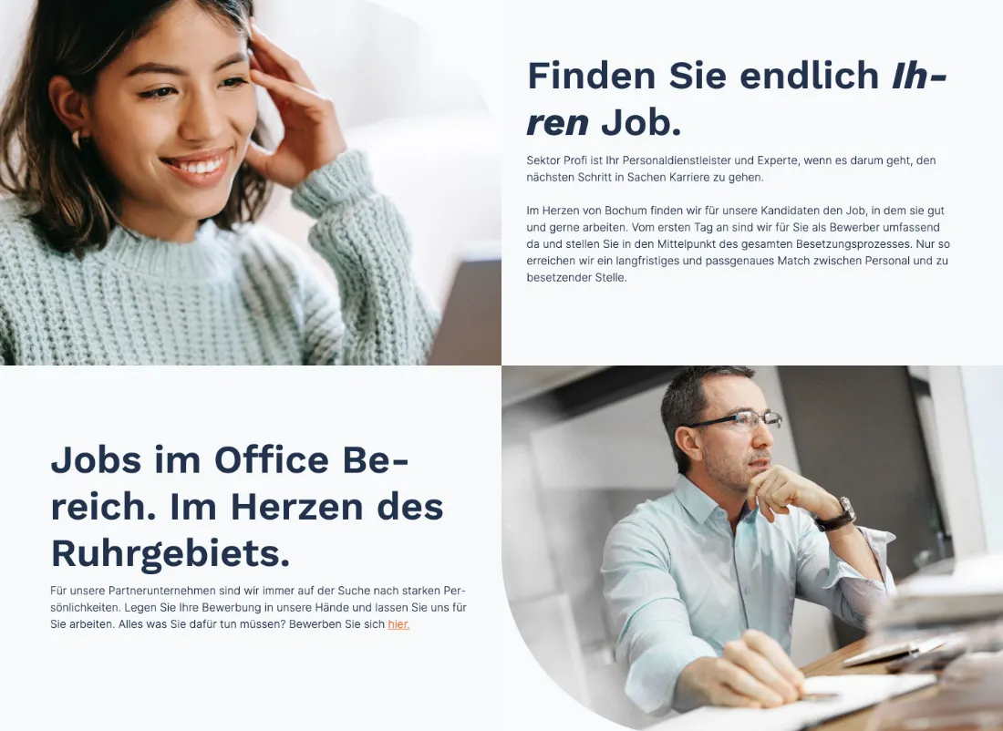 Ausschnitt der Website von Sektor Personal GmbH, Bochum: Ort und Bereich präzise genannt: Office‑Jobs im Ruhrgebiet — wer regional sucht, erkennt sofort die Relevanz.