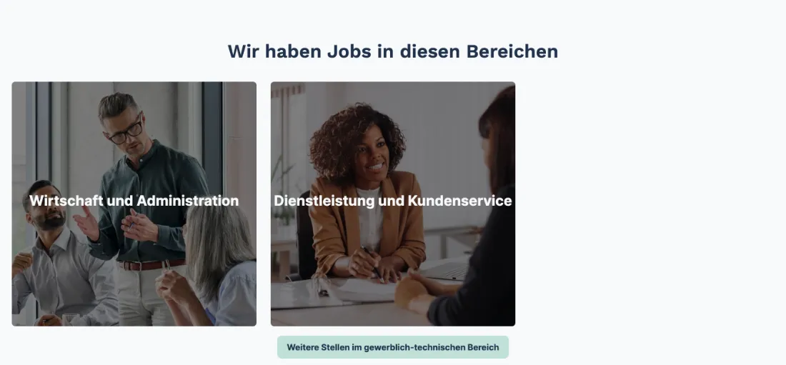 Ausschnitt der Website von Sektor Personal GmbH, Bochum: Zwei Kacheln plus dritter Link strukturieren die Angebote — der Besucher wählt in 1 Klick den passenden Bereich.