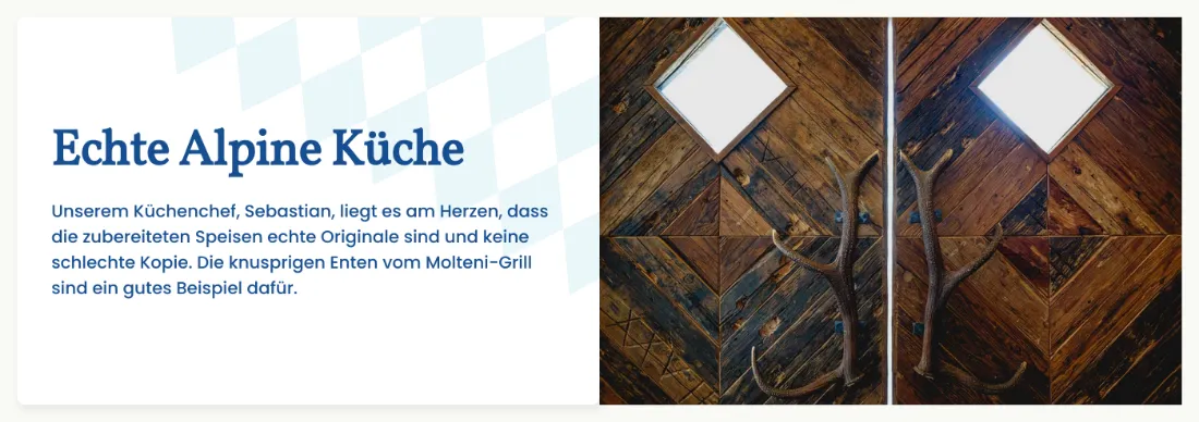 Ausschnitt der Website von Brauhaus Connection 77 GmbH & Co. KG, Köln: Klare Überschrift, dazu Küchenchef namentlich und ein Beispiel (Ente vom Molteni‑Grill) — so wird die Erwartung konkret.