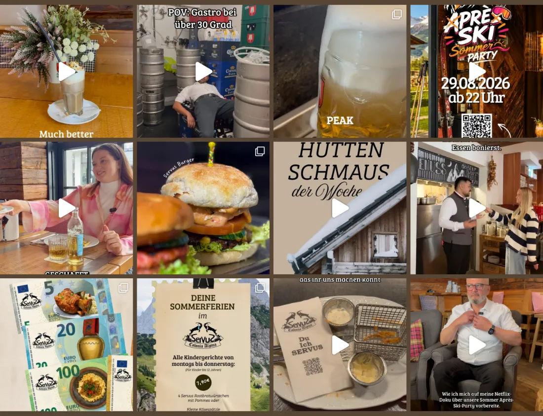 Ausschnitt der Website von Brauhaus Connection 77 GmbH & Co. KG, Köln: Zwölf Kacheln zeigen Clips und ein Event am 29.06.2026, 22 Uhr — wer plant, sieht Aktuelles und bekommt ein Gefühl für die Stimmung.
