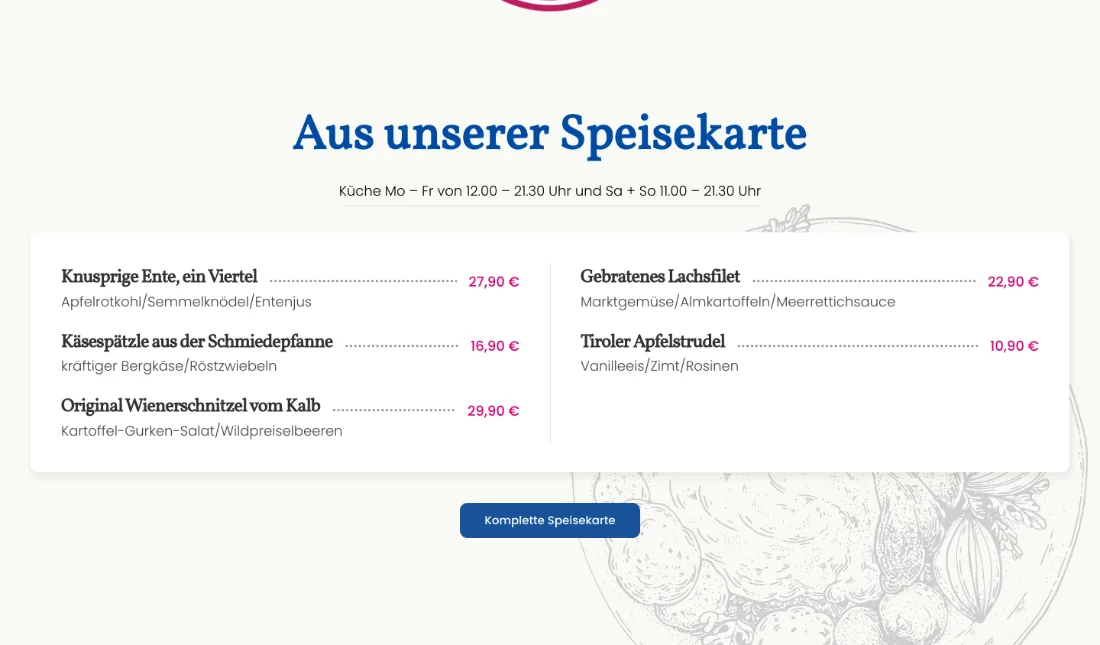 Ausschnitt der Website von Brauhaus Connection 77 GmbH & Co. KG, Köln: Mo–Fr 12.00–21.30, Sa+So 11.00–21.30 und fünf Preise von 10,90 bis 29,90 € — der Besucher plant Budget und Zeit ohne Blättern.