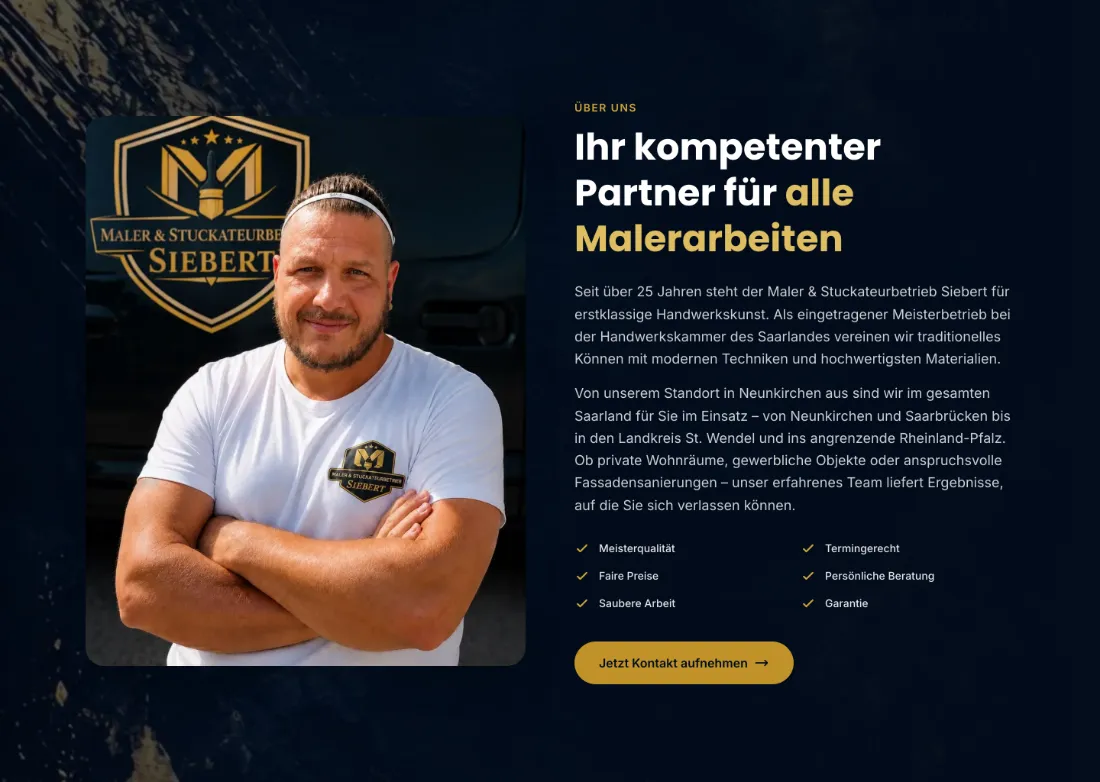 Ausschnitt der Website von Siebert, Landkreis Neunkirchen: Zahlen und Fakten vorneweg — über 25 Jahre, Meisterbetrieb, Einsatz im Saarland — wer sucht, erkennt Eignung ohne Blättern.