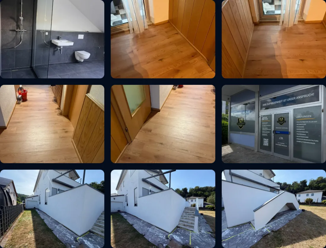 Ausschnitt der Website von Siebert, Landkreis Neunkirchen: Neun Projektfotos in einer Kachelansicht — echte Einblicke in Bad, Boden, Fassade helfen bei der Qualitätseinschätzung.