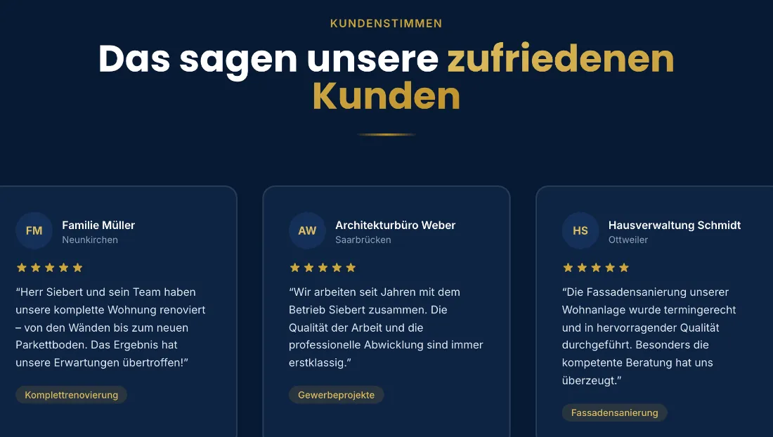 Ausschnitt der Website von Siebert, Landkreis Neunkirchen: Zitate mit Ort und Auftragstyp — von Familie bis Hausverwaltung — belegen Erfahrungen in drei Bereichen auf einen Blick.