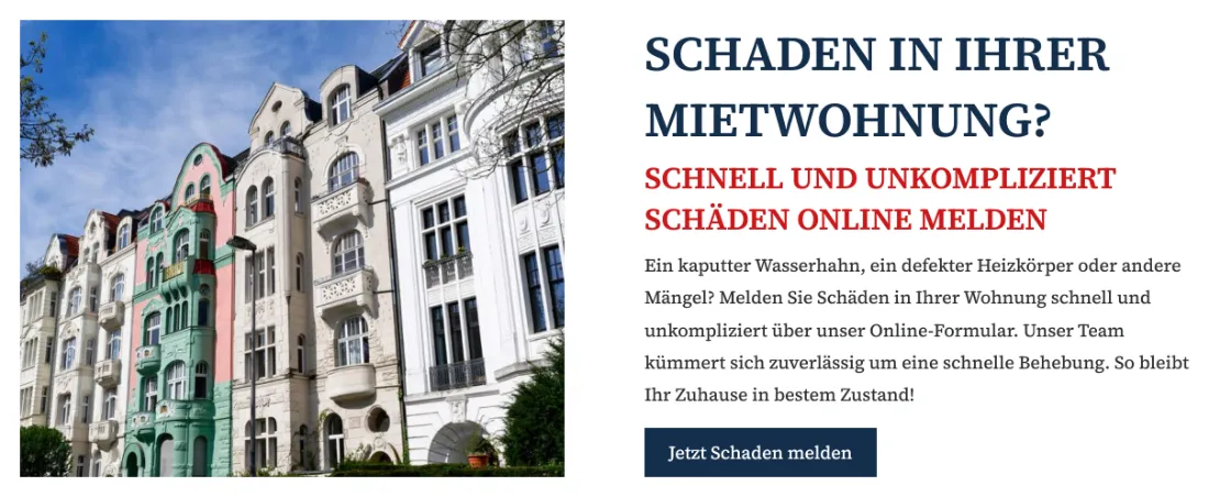 Ausschnitt der Website von ERNST SIMMON & CO. e.K, Hamburg: Frage-Überschrift mit rotem Handlungsversprechen und Button „Jetzt Schaden melden“ — der Besucher findet den direkten Weg zum Formular.