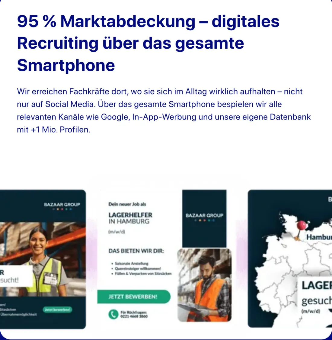 Ausschnitt der Website von SimpleJOB GmbH, Köln: 95 % Abdeckung mit klar genannten Kanälen wie Google und In‑App — wer den Weg zum Kandidaten sucht, sieht Methode statt Behauptung.