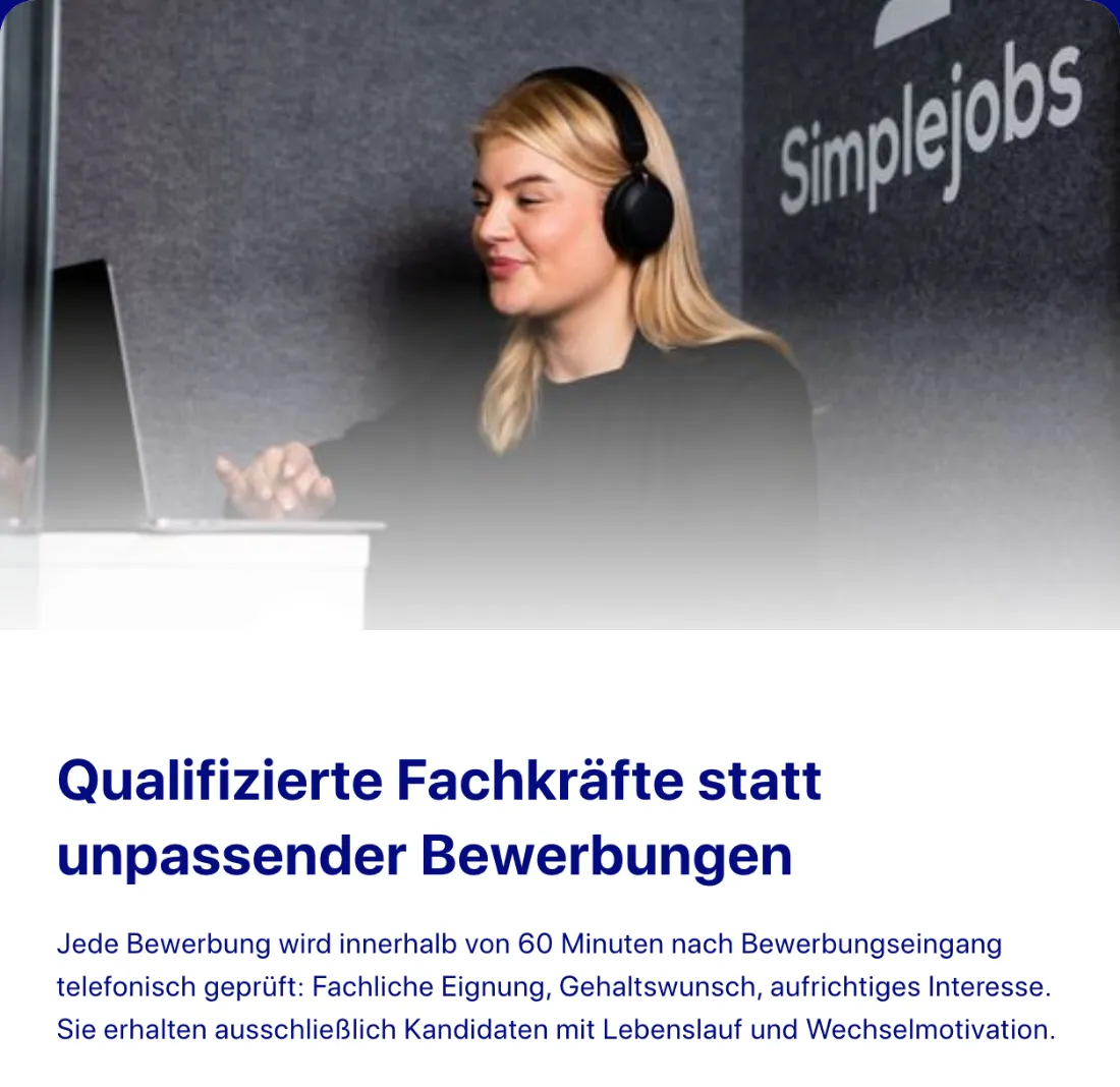 Ausschnitt der Website von SimpleJOB GmbH, Köln: Die 60‑Minuten‑Prüfung mit Eignung, Gehaltswunsch und Interesse filtert vor — wer sucht, spart Nachfragen und sichtet nur Passendes.