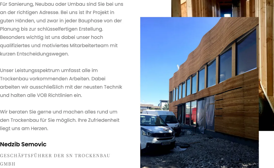 Ausschnitt der Website von SN Trockenbau GmbH – Trockenbau Unterschleißheim 2026, Landkreis München: Konkreter Bogen von Planung bis schlüsselfertig — wer sucht, erkennt, in welcher Bauphase hier Unterstützung möglich ist.
