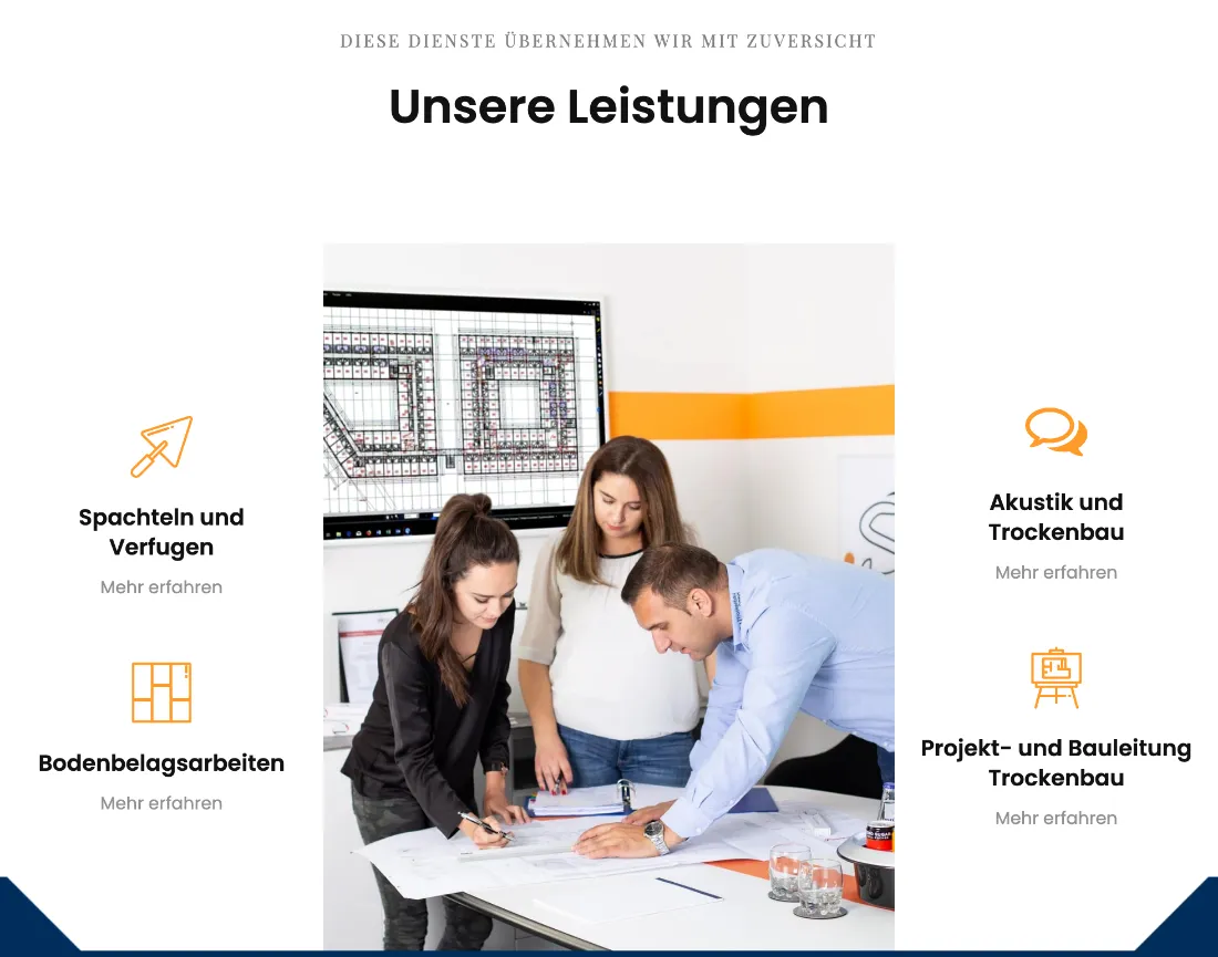 Ausschnitt der Website von SN Trockenbau GmbH – Trockenbau Unterschleißheim 2026, Landkreis München: Vier Leistungen mit Icon und Link „Mehr erfahren“ — wer sucht, findet den passenden Bereich ohne Umwege.