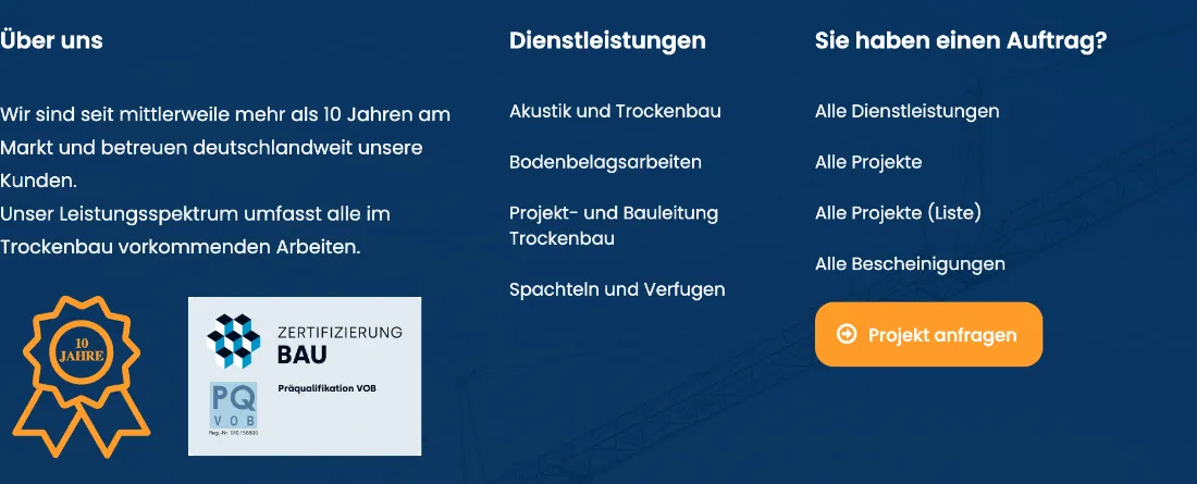 Ausschnitt der Website von SN Trockenbau GmbH – Trockenbau Unterschleißheim 2026, Landkreis München: Zwei Siegel mit Präqualifikation VOB und 10 Jahre — der Besucher erkennt geprüfte Eignung statt bloßer Behauptung.