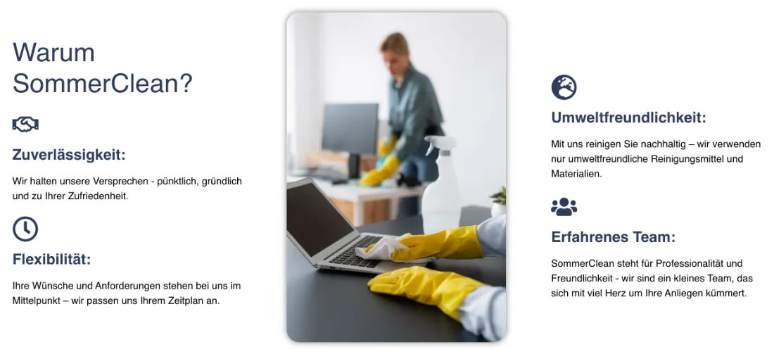 Ausschnitt der Website von SommerClean, Stuttgart: Vier klar benannte Punkte mit Icons und kurzen Zweizeilern — der Besucher erkennt in Sekunden, welche Werte hier zählen.