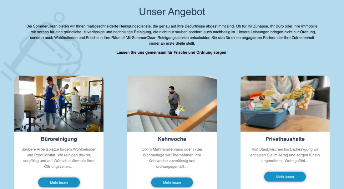 Ausschnitt der Website von SommerClean, Stuttgart: Drei einheitliche Kacheln mit Bild, Kurztext und Mehr lesen — der Besucher wählt schnell zwischen Büro, Kehrwoche und Haushalt.