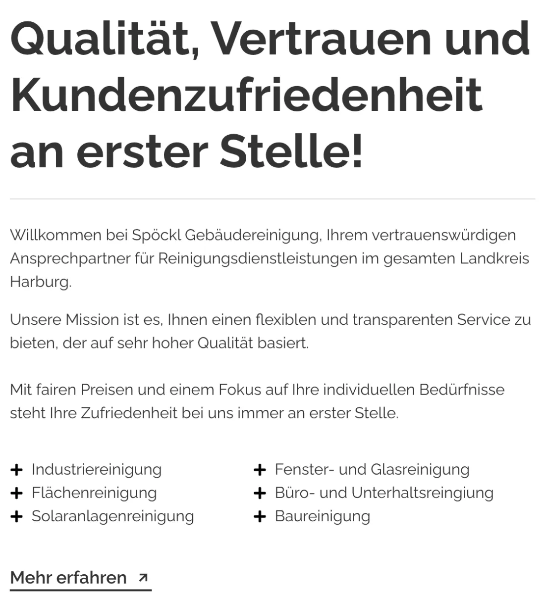 Ausschnitt der Website von Spöckl Gebäudereinigung, Landkreis Harburg: Sechs Leistungsbereiche plus der Hinweis 'Landkreis Harburg' — wer regional sucht, erkennt in Sekunden, ob der Anbieter passt.