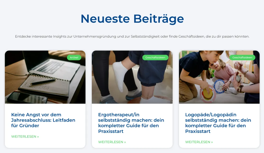 Ausschnitt der Website von E & E Starthilfe Gesellschaft mit beschränkter Haftung, Dresden: Drei klar betitelte Karten mit Labels wie 'Artikel' und 'Geschäftsideen' — wer sucht, erkennt sofort passende Inhalte und Einstiege.