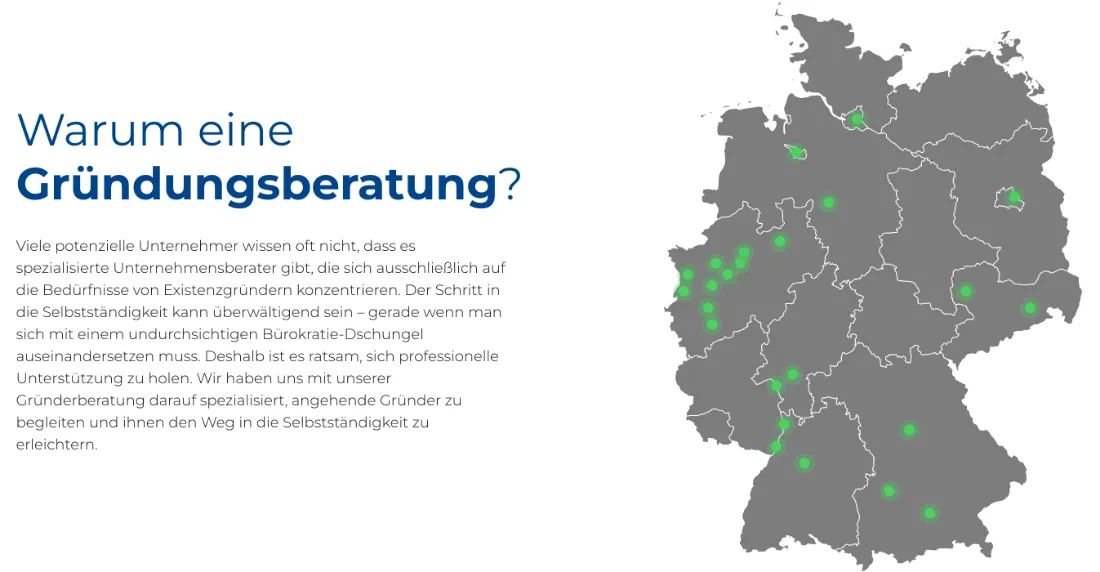 Ausschnitt der Website von E & E Starthilfe Gesellschaft mit beschränkter Haftung, Dresden: Fragende Überschrift und erklärender Text neben einer Deutschlandkarte mit vielen Punkten — wer prüft, sieht Nutzen und Reichweite auf einen Blick.