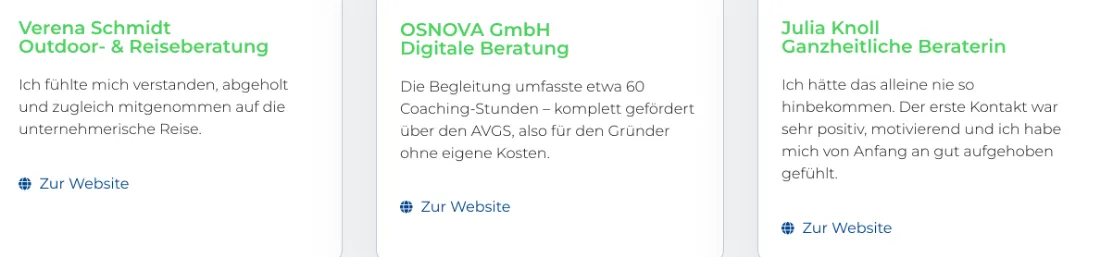 Ausschnitt der Website von E & E Starthilfe Gesellschaft mit beschränkter Haftung, Dresden: Drei Referenzen mit konkreten Details wie 'etwa 60 Coaching‑Stunden' — echte Zahlen stützen die Aussagen und helfen bei der Einordnung.